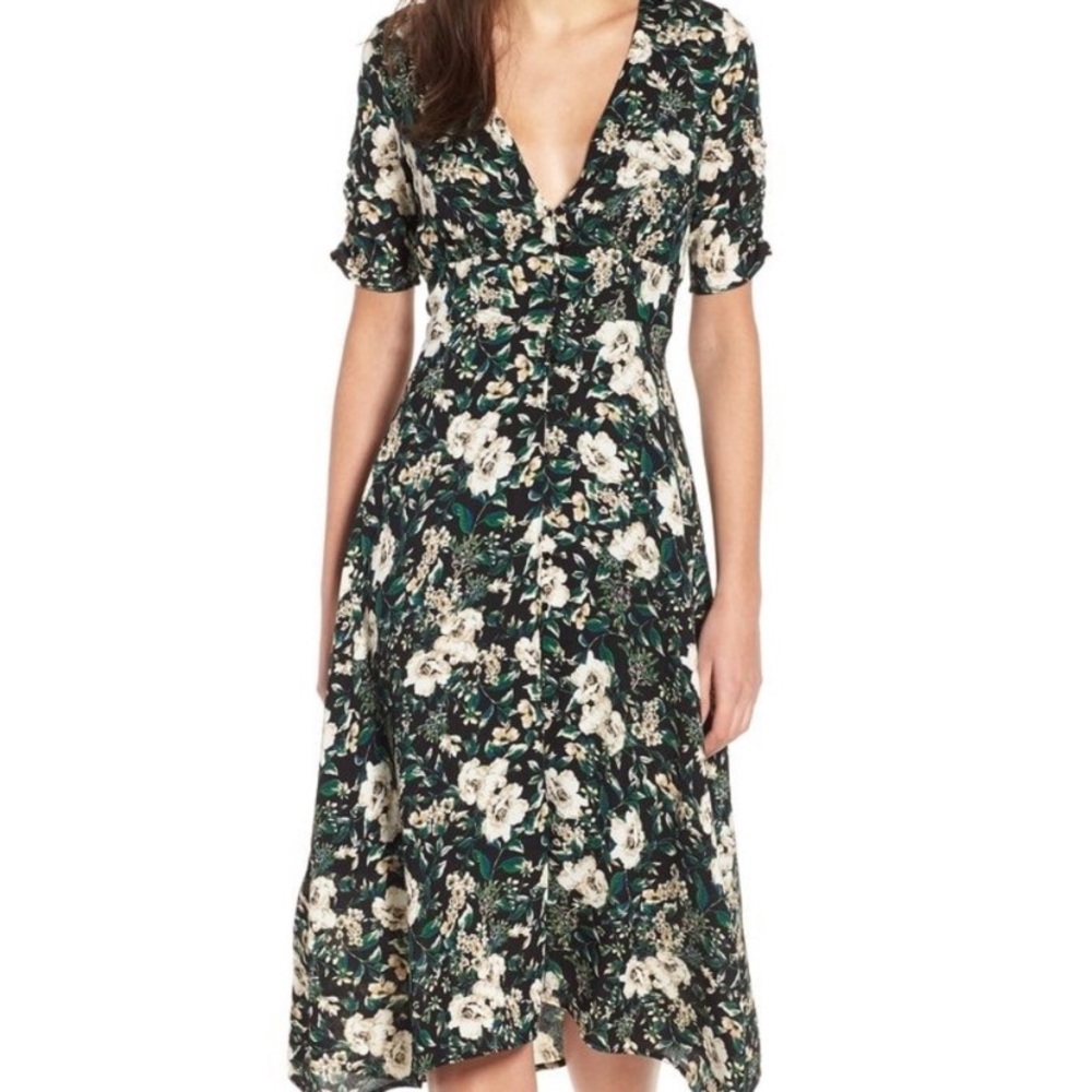 ASTR Floral Button Front Midi Dress | Black, Green